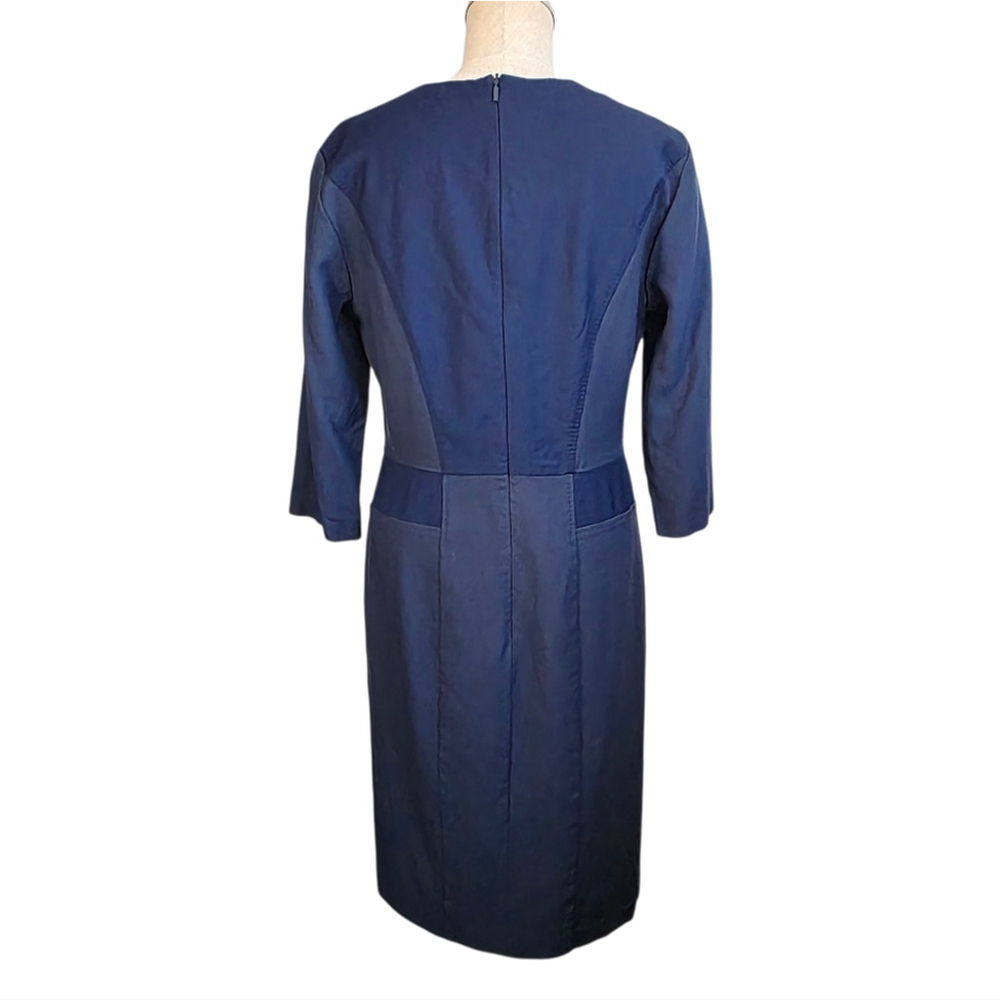BOSS Hugo Boss Navy Wool Sheath Dress US 8 V Neck 3/4 Sleeve Career Office Midi - Picture 4 of 14